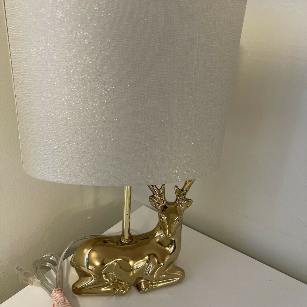 Christmas Deer Lamp Gold Rudolph Table Decor Ceramic Oval 17” W/ Shade New